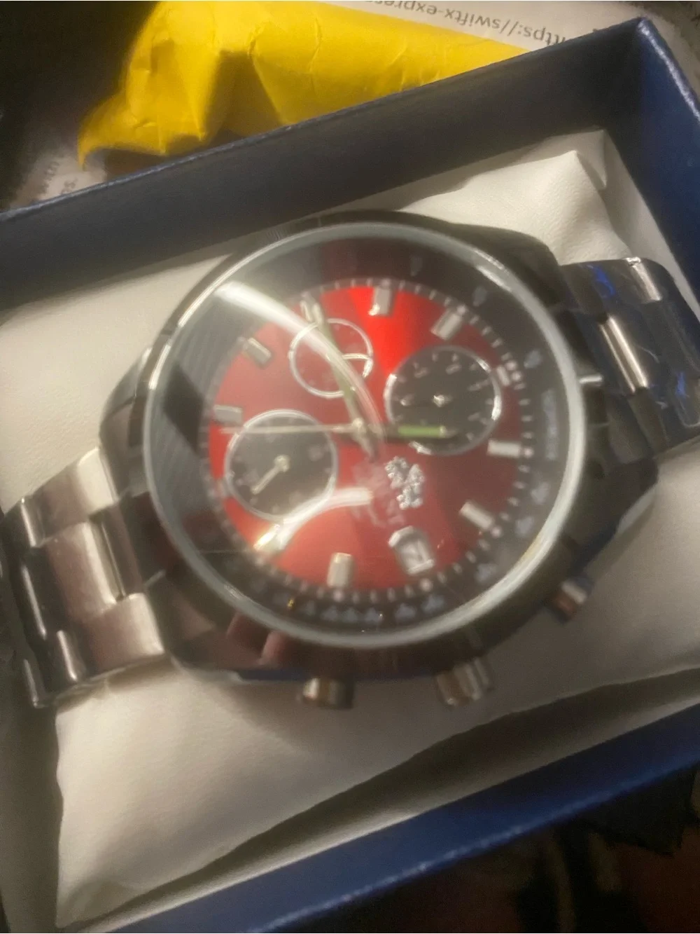 New Men’s Chronograph, Mechanical Stainless Steel Watch with Red Dial